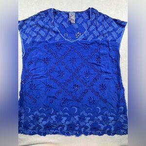 Johnny Was 1X Blue Rayon Embroidered Tunic Floral Boho Lace